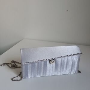 Silver Satin Evening Clutch Bag with Chain Strap